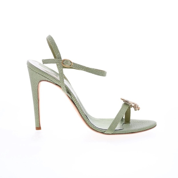 Shoes - Leather mint green Strappy High Heel Sandals with Embellished Accent.